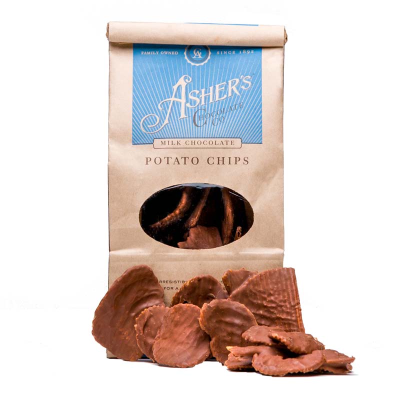 Milk chocolate covered potato chips