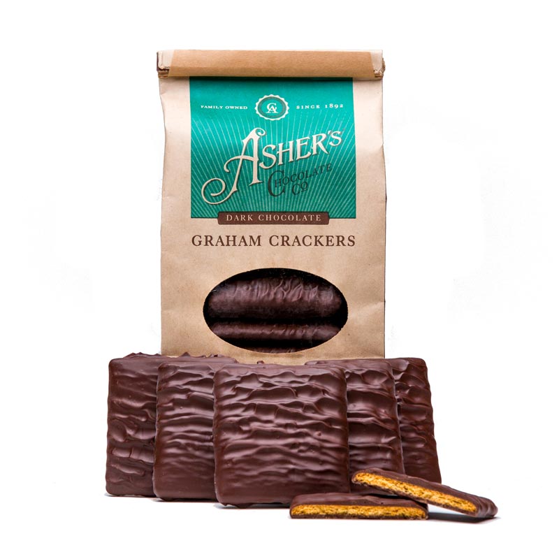 Graham Crackers covered in dark chocolate in front of Coffee Bag