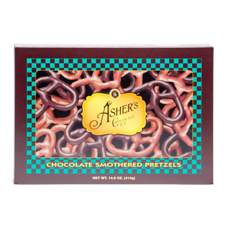 A box of Assorted Chocolate Pretzels-Milk and Dark Chocolate, each pretzel covered in rich chocolate, featuring a clear window that displays the delicious treats inside and a green checkered border framing the window.