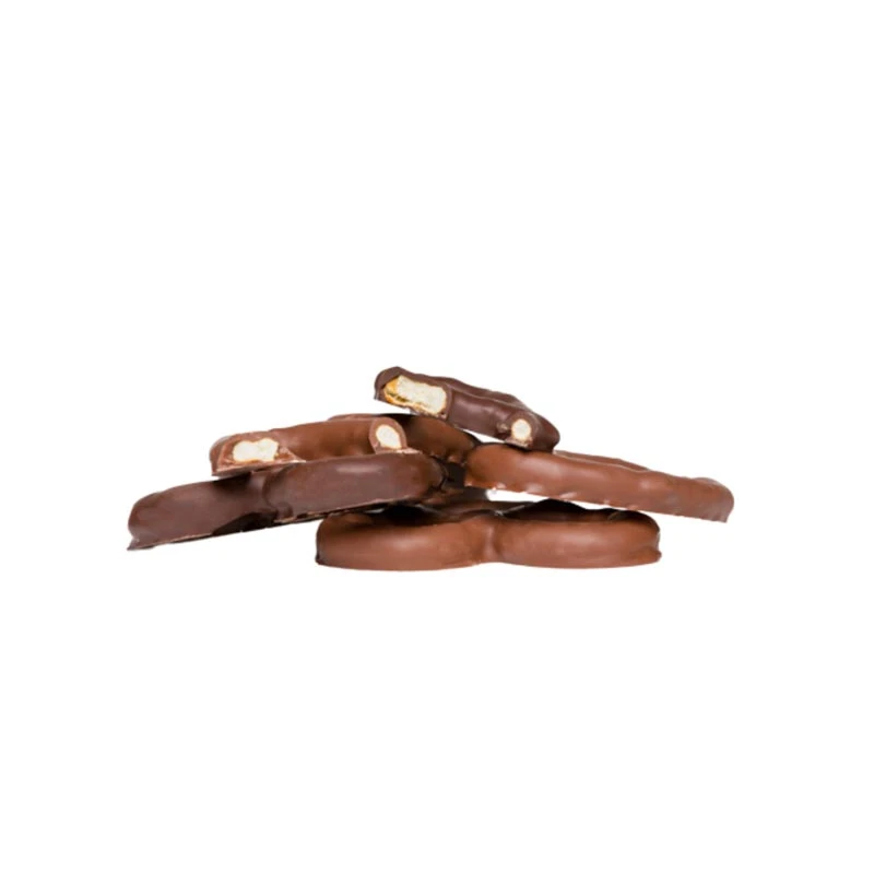 A stack of Assorted Chocolate Pretzels-Milk and Dark Chocolate is displayed against a white background, with several pretzels partially broken to show the salty pretzel beneath the smooth milk and dark chocolate coating.