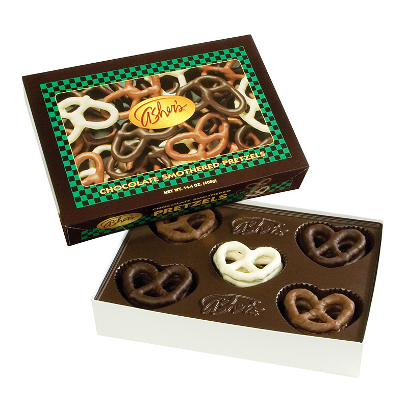 Assorted 14.4oz. Pretzel box with milk, dark, and white chocolate covered pretzels.