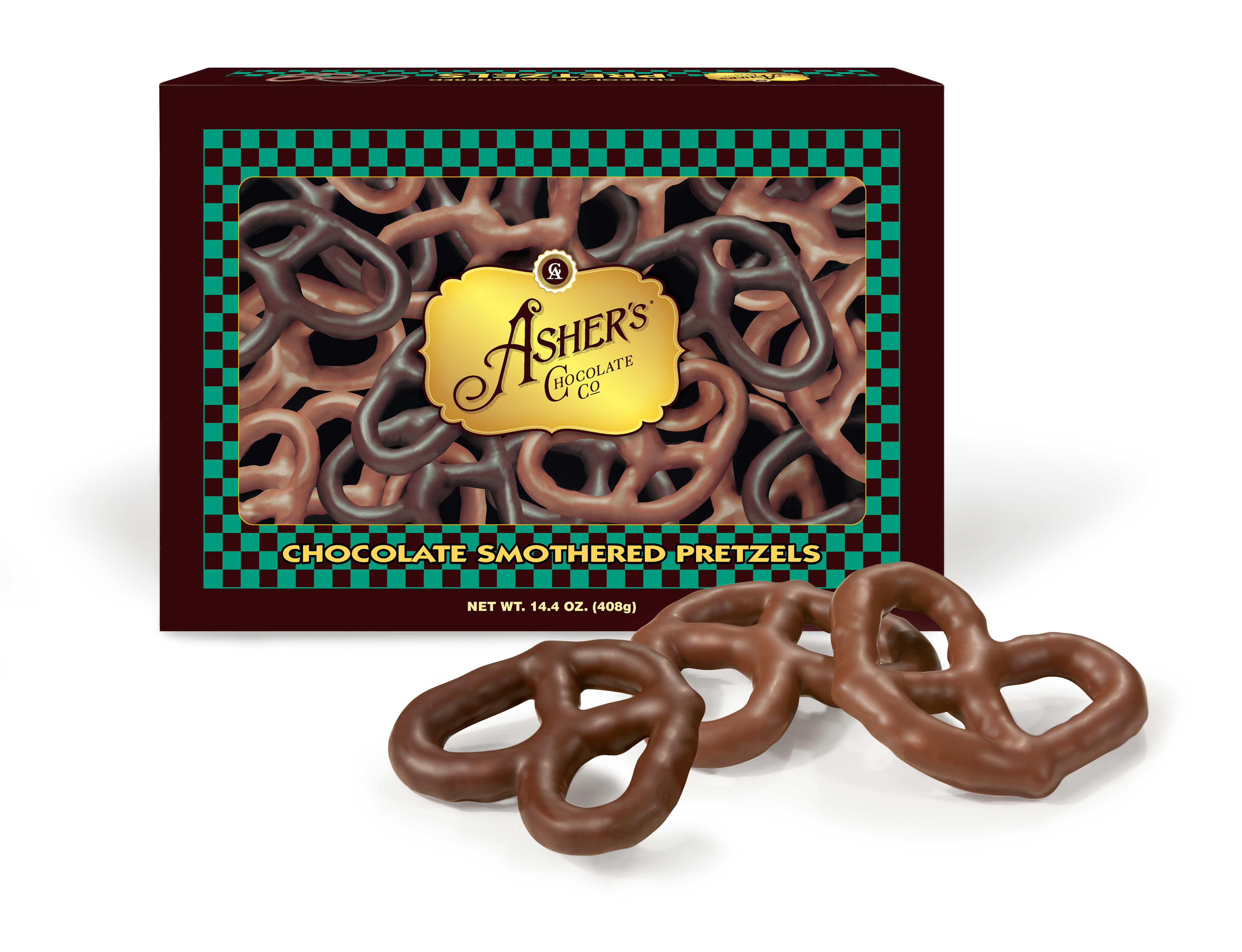 Assorted Chocolate Covered Pretzel Box sits on white background. Three (3) three ring pretzel twists sit in front of box to reveal size and texture of milk and dark pretzels.