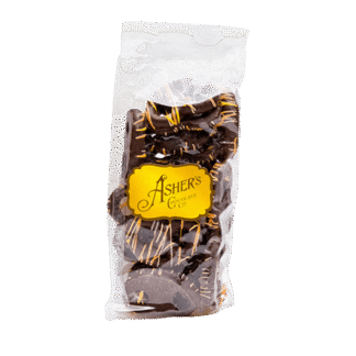 A 4 oz. bag of Dark Chocolate Fall Mini Pretzels, each crisp treat coated in rich dark chocolate and adorned with a festive orange drizzle, sits against a plain white background. The clear plastic bag is sealed at the top and features an Ashers Chocolate Co. yellow sticker on the front.
