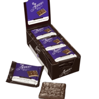 A caddy of Individually-Wrapped Dark Chocolate Covered Graham Crackers, with one loose package and one unwrapped cracker displayed in front.