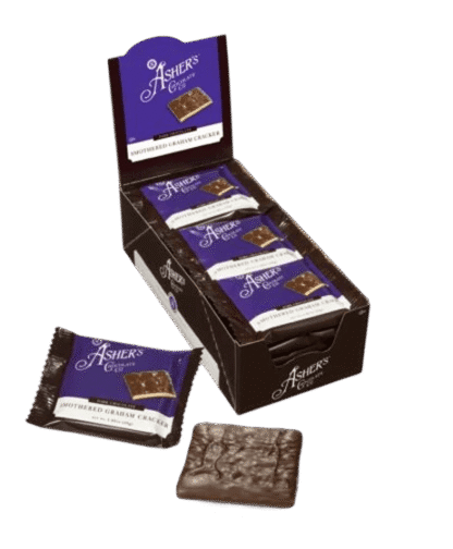 A caddy of Individually-Wrapped Dark Chocolate Covered Graham Crackers, with one loose package and one unwrapped cracker displayed in front.