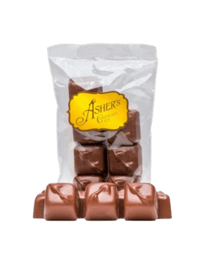 Clear bag of square Peanut Butter Smoothie, 4 oz. bag milk chocolate candies with a gold Ashers Chocolate Co. label.