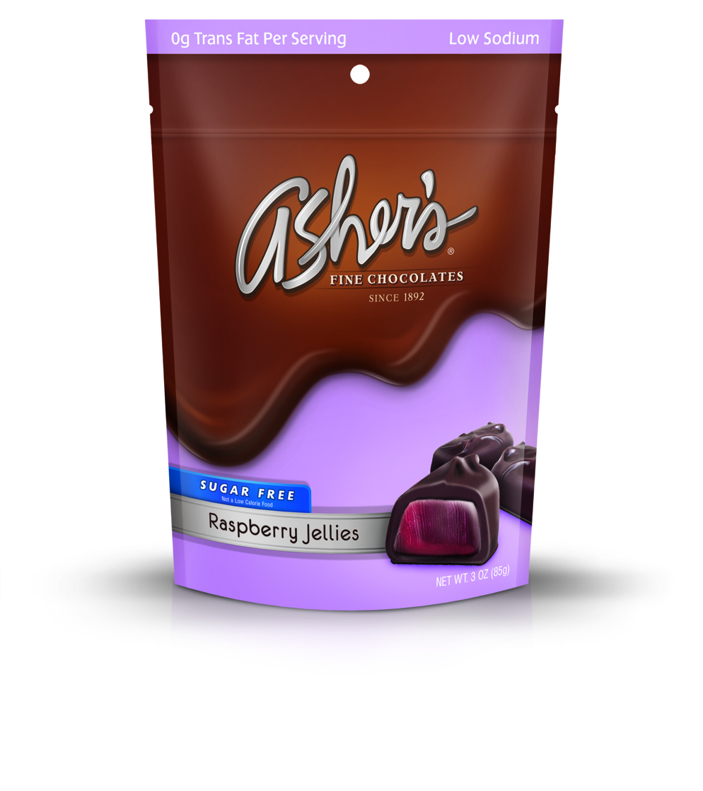 Sugar Free Raspberry Jellies 3oz Bag is brown and purple with old Asher's logo and Sugar Free label highlighted in blue. Three (3) jellies are pictured on the front of the package to show size, shape, and purple raspberry inside.