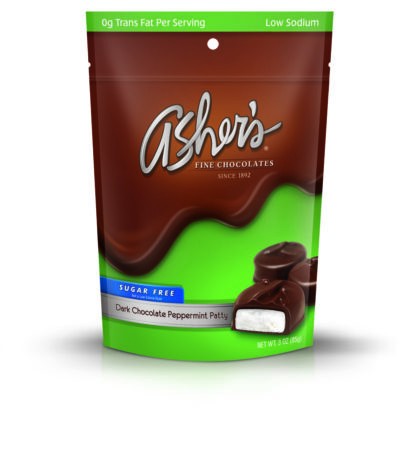 Sugar Free Dark Chocolate Peppermint Patty 3oz Bag is brown and green with old Asher's logo and Sugar Free label highlighted in blue. Three (3) patties are pictured on the front of the package to show size, shape, and white mint inside