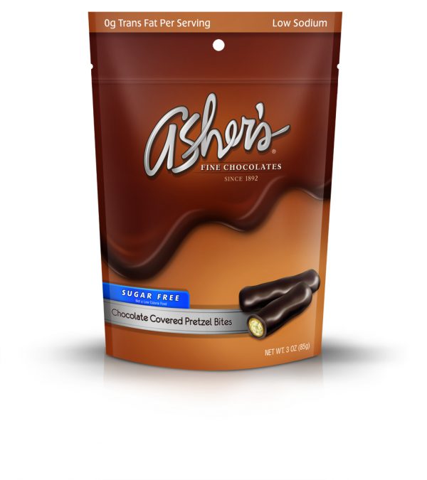 Sugar Free Chocolate Covered Pretzel Bites 3-oz Bag is brown with old Asher's logo and Sugar Free label highlighted in blue. Two (2) rods are pictured on the front of the package to show size, shape, and pretzel inside.
