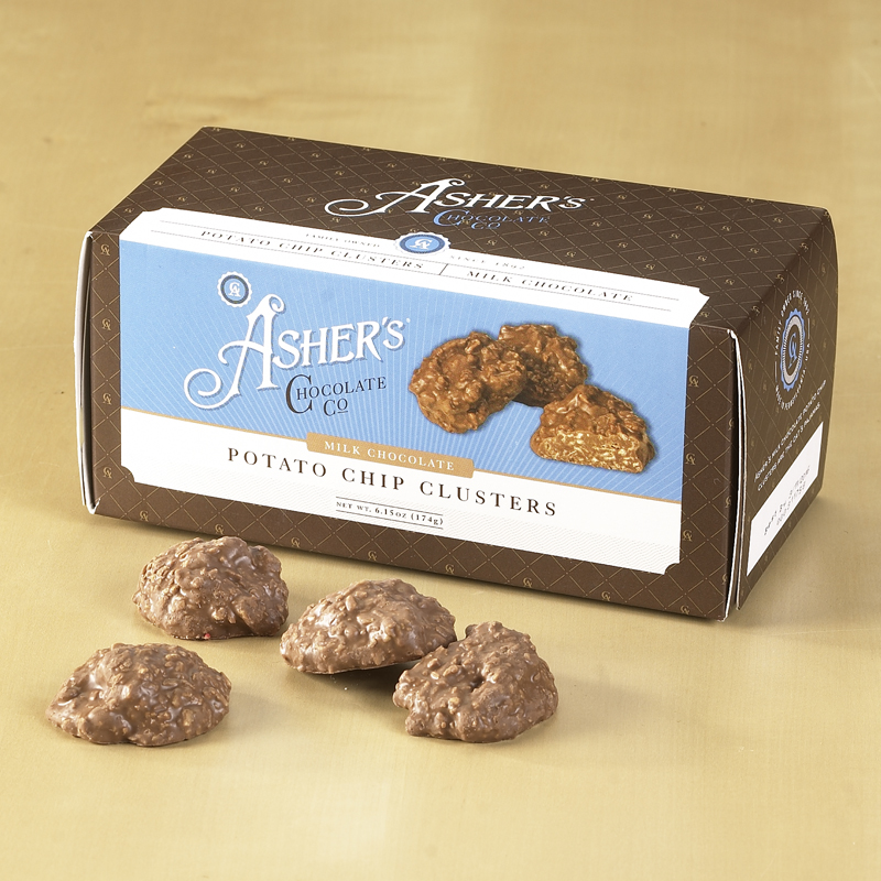 Milk Chocolate Potato Chip Clusters Snack Box with brown, white, and blue package design. Milk Chocolate Potato Chip Clusters are scattered in front of box, revealing candies shape, size, and chocolate texture.