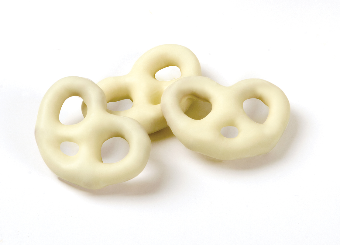 Three (3) Mini White Chocolate Three (3) Ring Pretzels on white background