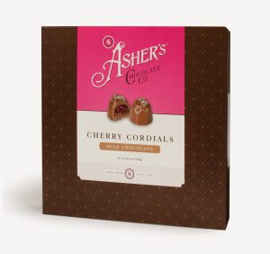 Milk Chocolate Cherry Cordials Traditional Box with pink and white Asher's Chocolate Co. Label. Two (2) cordials on the front of the box reveal, color, size, shape, and texture of candies. Displayed on white background.