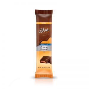 Sugar Free Creamy Caramel Bar on white background. Packaging is brown with orange detail and 2 Caramel Chocolate Squares pictured on the front