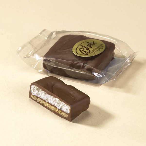 S'more packaged in clear cello bag. A big chewy marshmallow, floating on top of a sugary caramel graham, smothered in rich milk chocolate. It’s all the enjoyment of a classic s’more, but without the sticky mess.