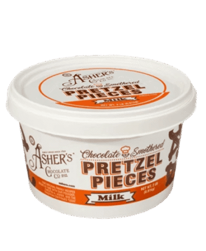 A white plastic Milk Chocolate Smothered Pretzel Pieces - 2 lb. Pail filled with milk chocolate-covered pretzel pieces.