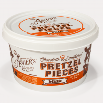 Milk Chocolate Smothered Pretzel Pieces two (2) pound white pail with brown writing, and orange detail shown on white background.