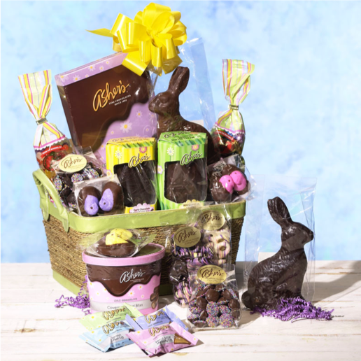 Asher's Chocolate Co. Easter Basket with easter chocolates like bunnies, eggs, nonpareils, and peeps!