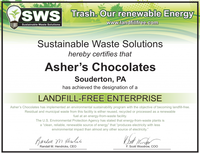 In 2011, Sustainable Waste Solutions (SWS) certified Asher’s Chocolate Co. in Souderton, PA as a Landfill-Free Enterprise. All our waste is either reused, recycled, or processed for renewable fuel at the Covanta Plymouth Energy-from-Waste facility so it won’t end up in overloaded land-fills. How sweet is that? We are pleased to announce our continued efforts to maintain environmentally sustainable practices.
