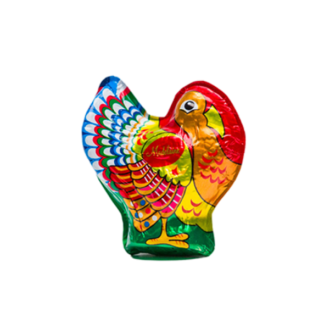 1oz. Hollow Milk Chocolate Turkey, wrapped in colorful foil with bright red, yellow, orange, green, and blue patterned feathers on a white background.