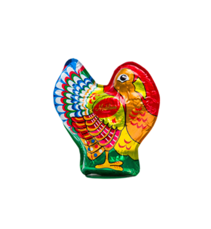 1oz. Hollow Milk Chocolate Turkey, wrapped in colorful foil with bright red, yellow, orange, green, and blue patterned feathers on a white background.