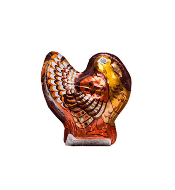 A 1oz. Hollow Dark Chocolate Turkey, foil-wrapped and decorated with colorful feathers, stands upright against a plain white background.