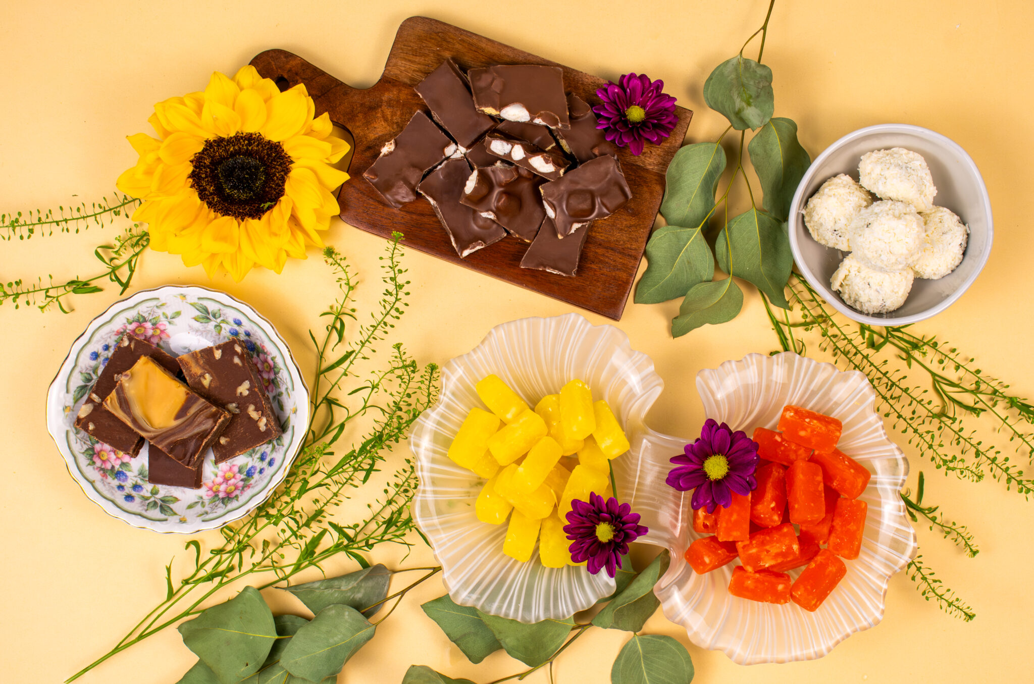 chocolate covered bark, fudge, and candy