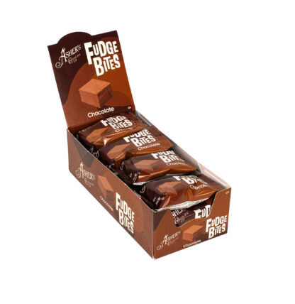An open display box of Ashers Chocolate Co. Fudge Bites, showing individually wrapped chocolate fudge bites inside, with the box and wrappers in matching brown packaging.