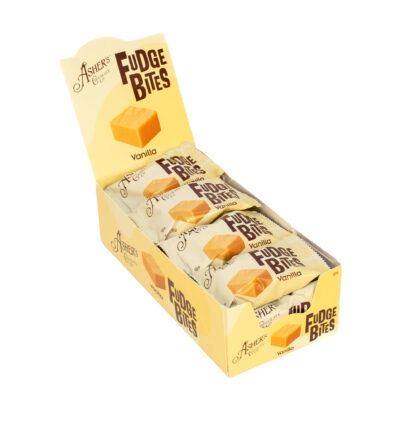 A yellow open box displays individually wrapped Ashers Vanilla Fudge Bites, making them perfect as delicious holiday treats. The packaging shows a fudge piece and the product name in bold brown letters.
