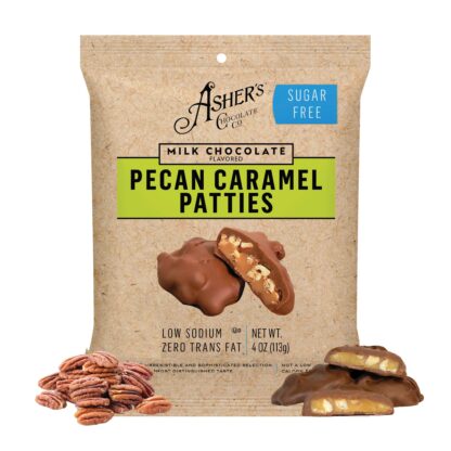 A package of Ashers Milk Chocolate Pecan Caramel Patties, labeled sugar free, with pecans and candy pieces displayed in front of the bag.