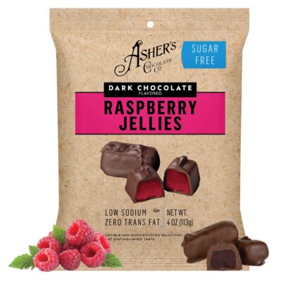 Bag of Ashers Sugar Free Dark Chocolate Raspberry Jellies with images of the candies cut open and whole, plus fresh raspberries in the corner. Packaging notes low sodium, zero trans fat, and 4 oz (113g) weight.