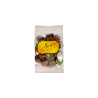 Dark chocolate christmas nonpareils in a small bag with the Asher's Chocolate logo on the front.