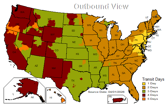 A U.S. map illustrates UPS Ground transit days by color—1 day (yellow), 2 days (light orange), 3 days (orange), 4 days (light red), and 5 days (dark red)—to help you better understand delivery timelines in accordance with Asher’s shipping policy. Data is dated 4/1/2026.