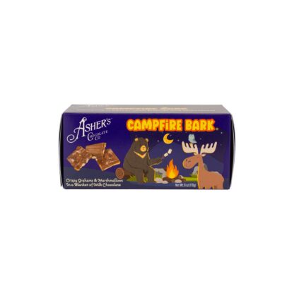 A Campfire Bark® Snack Box featuring illustrations of a bear, moose, campfire, and chocolate pieces on a purple background. The box highlights the classic combination of crispy grahams, marshmallows, and milk chocolate in every bite.