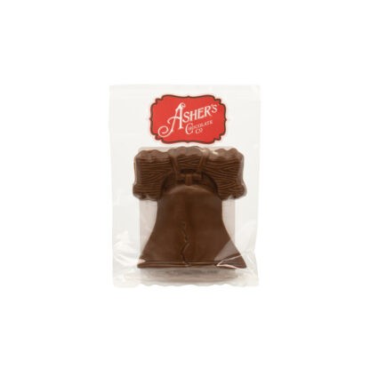 The “America 250” Solid Milk Chocolate Liberty Bell is a milk chocolate shaped like the Liberty Bell, packaged in a clear plastic bag with a red Asher’s Chocolate Co. label at the top.