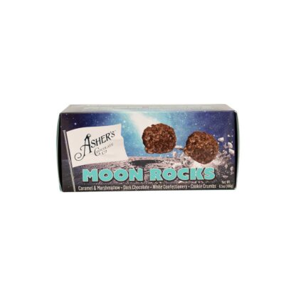 A box of Moon Rocks Snack Box candy featuring two delicious, chocolate-coated moon rocks on the front against a space-themed background, with the product name in large blue letters.