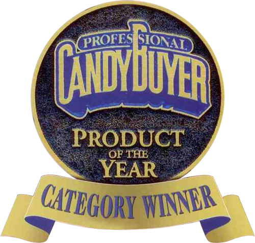 A round badge reads Professional Candy Buyer Product of the Year with a gold ribbon below saying Category Winner. The text is in gold and blue, embodying excellence reminiscent of Asher’s chocolate history.