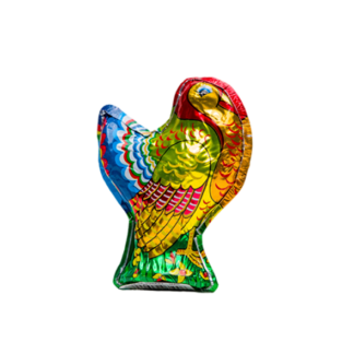 Colorful metallic balloon shaped like a bird, featuring bright shades of yellow, red, green, and blue, against a plain white background.
