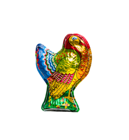 Colorful metallic balloon shaped like a bird, featuring bright shades of yellow, red, green, and blue, against a plain white background.