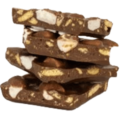A stack of four broken pieces of rocky road chocolate containing marshmallows and nuts.