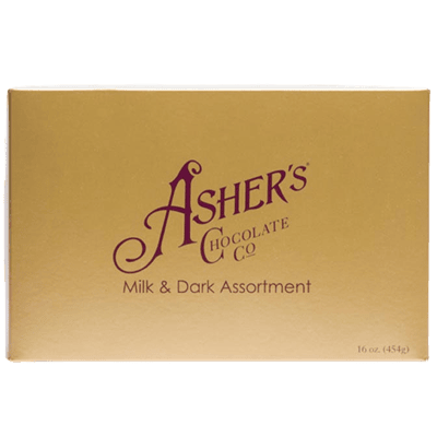Gold box of Ashers Chocolate Co. milk and dark assortment, 16 oz.