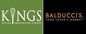 Logos for Kings Food Markets with the slogan Where Inspiration Strikes and Balduccis Food Lovers Market.